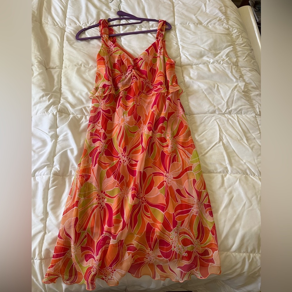 Size 14 floral dress. Orange. Yellow. Never worn.